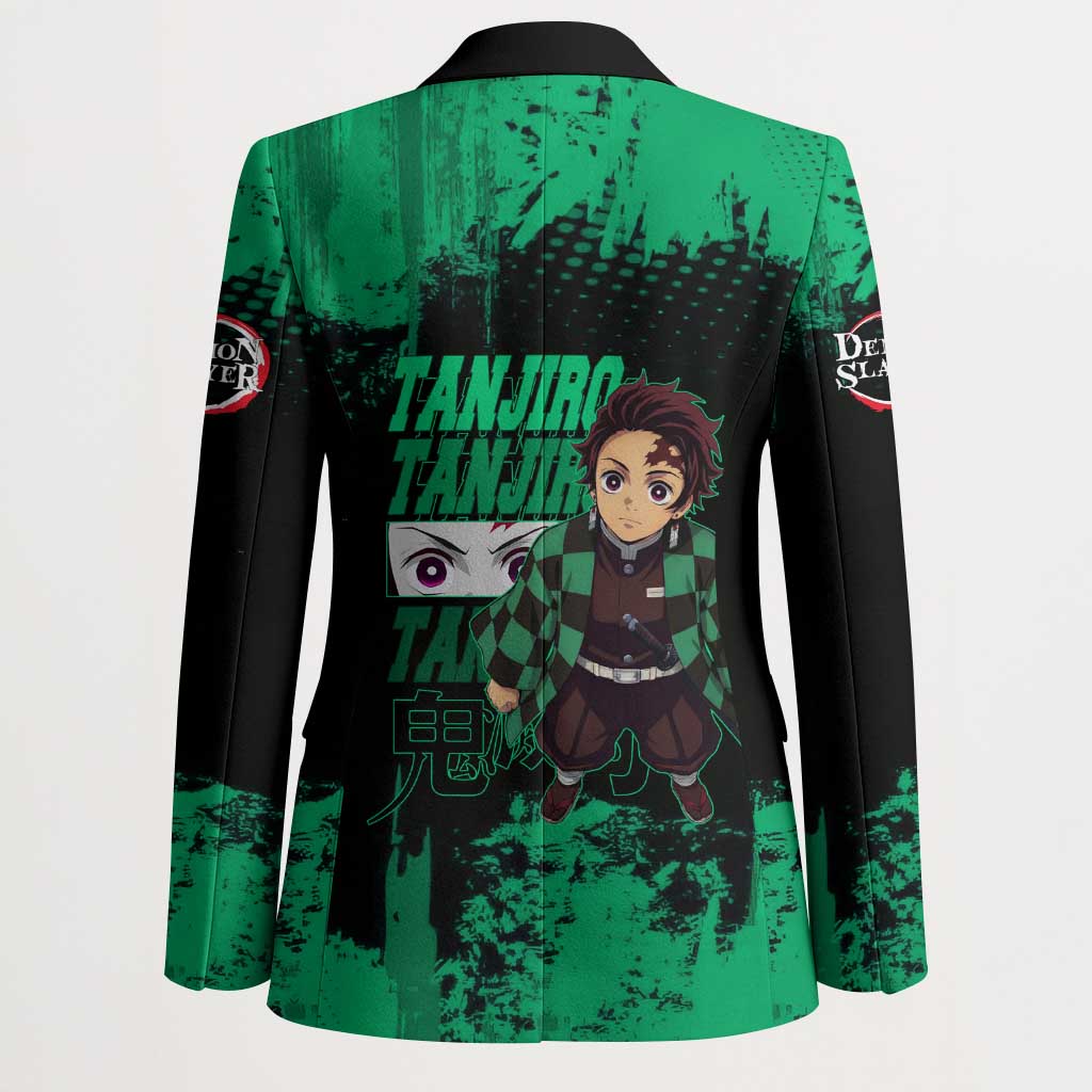 Tanjiro Kamado Demon Slayer Green Grunge Design Blazer with Determined Eyes and Classic Checkered Haori - The Mazicc