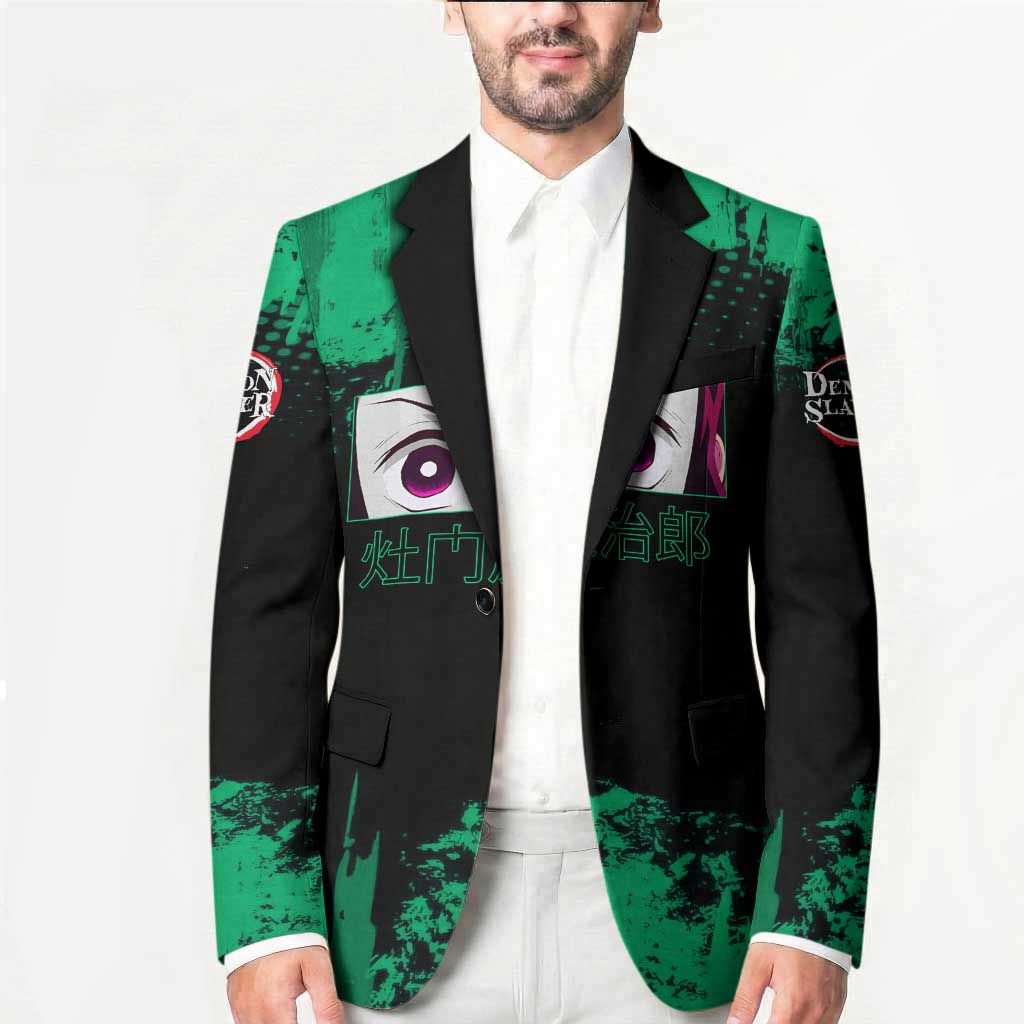 Tanjiro Kamado Demon Slayer Green Grunge Design Blazer with Determined Eyes and Classic Checkered Haori - The Mazicc