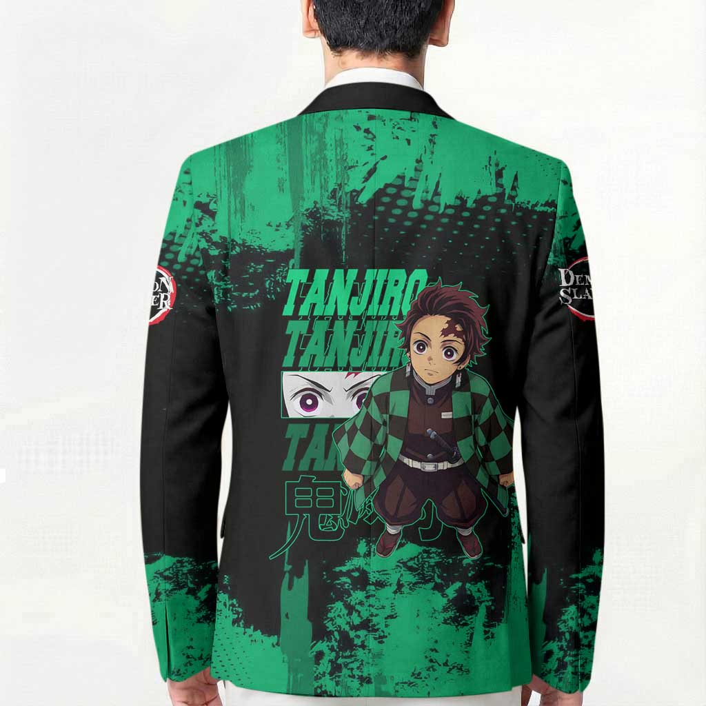 Tanjiro Kamado Demon Slayer Green Grunge Design Blazer with Determined Eyes and Classic Checkered Haori - The Mazicc