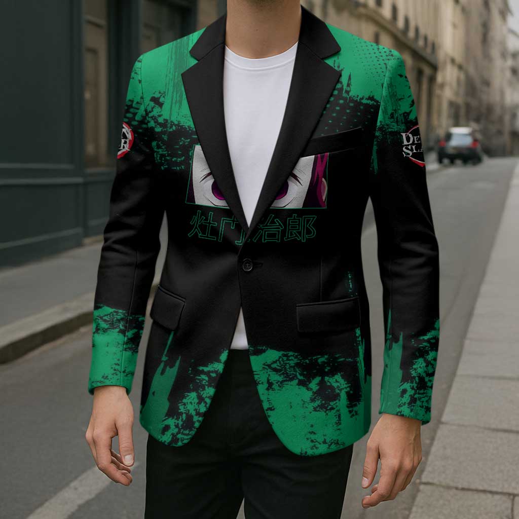 Tanjiro Kamado Demon Slayer Green Grunge Design Blazer with Determined Eyes and Classic Checkered Haori - The Mazicc
