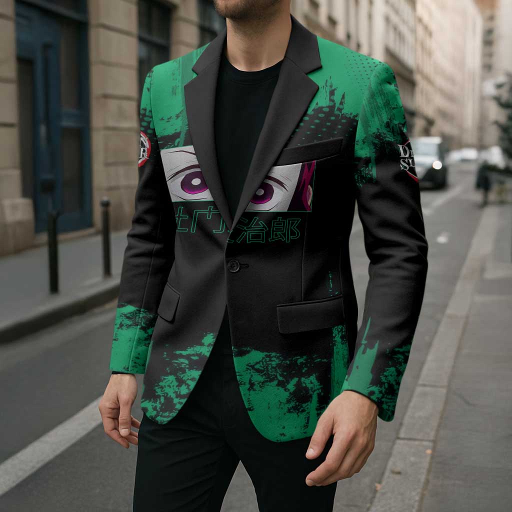 Tanjiro Kamado Demon Slayer Green Grunge Design Blazer with Determined Eyes and Classic Checkered Haori - The Mazicc