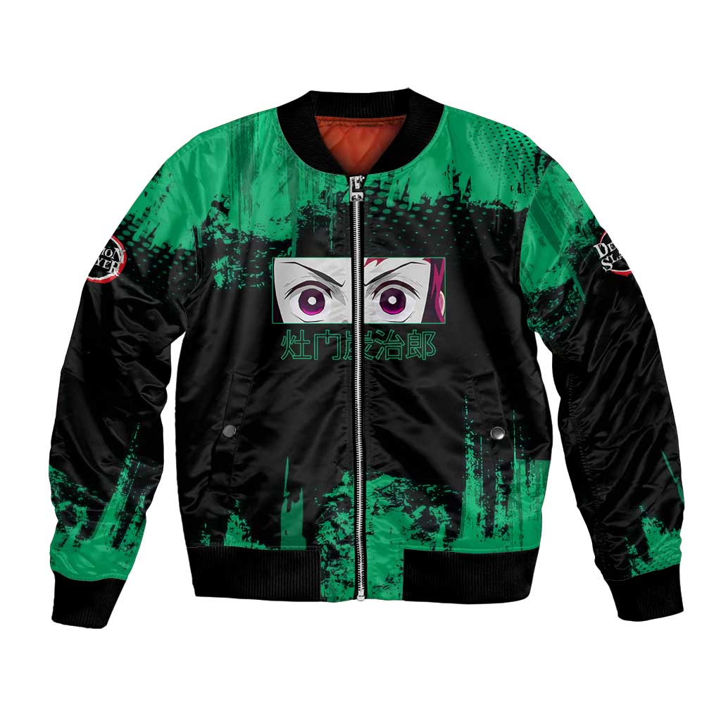 Tanjiro Kamado Demon Slayer Green Grunge Design Bomber Jacket with Determined Eyes and Classic Checkered Haori - The Mazicc