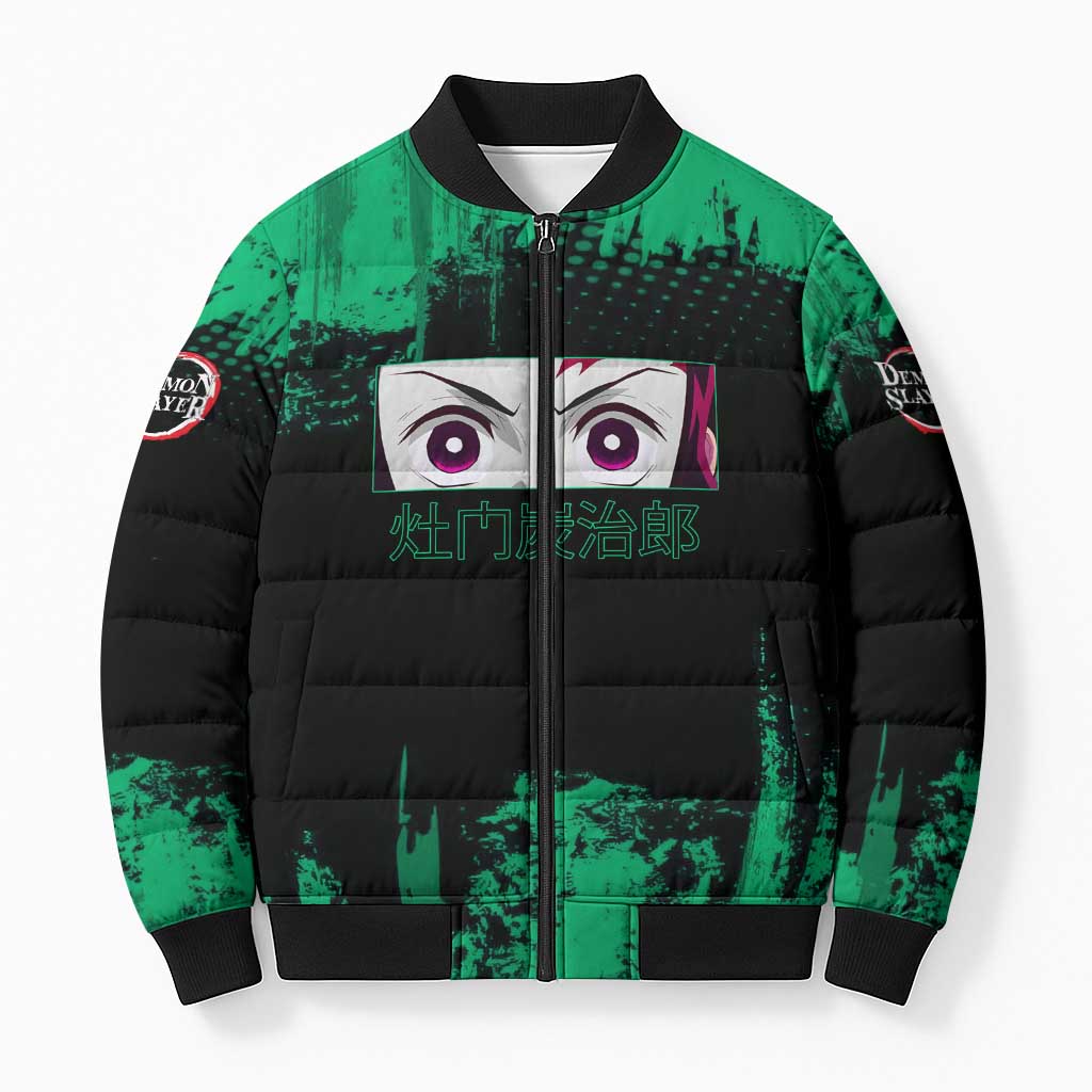 Tanjiro Kamado Demon Slayer Green Grunge Design Bomber Puffer Jacket with Determined Eyes and Classic Checkered Haori - The Mazicc
