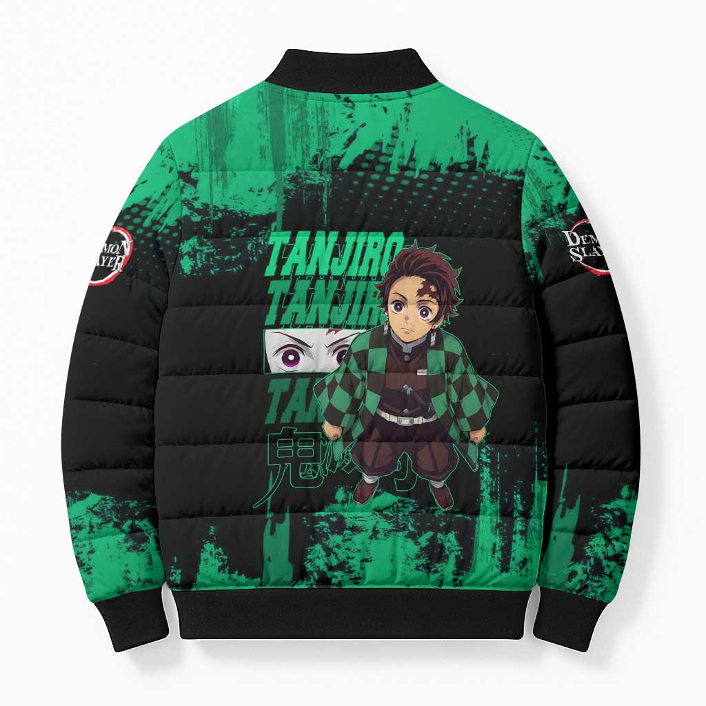 Tanjiro Kamado Demon Slayer Green Grunge Design Bomber Puffer Jacket with Determined Eyes and Classic Checkered Haori - The Mazicc