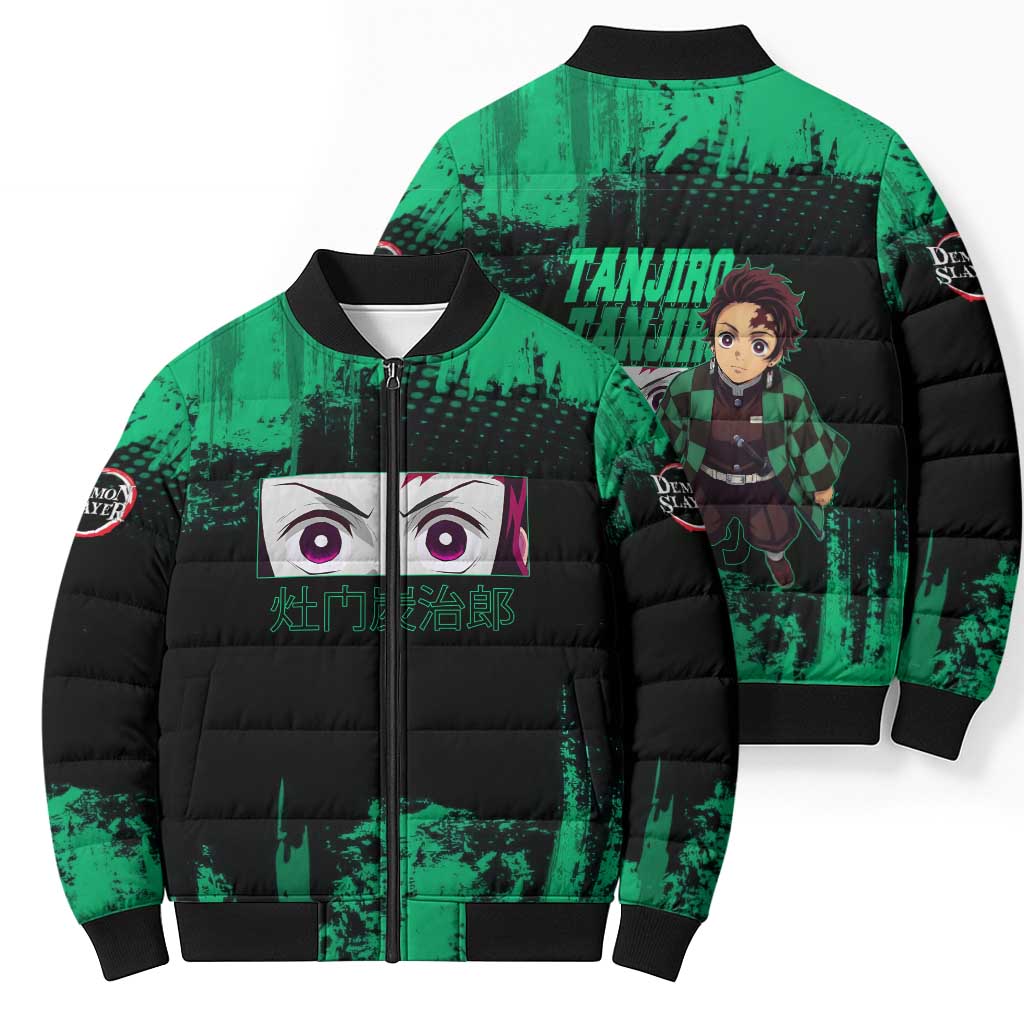 Tanjiro Kamado Demon Slayer Green Grunge Design Bomber Puffer Jacket with Determined Eyes and Classic Checkered Haori - The Mazicc