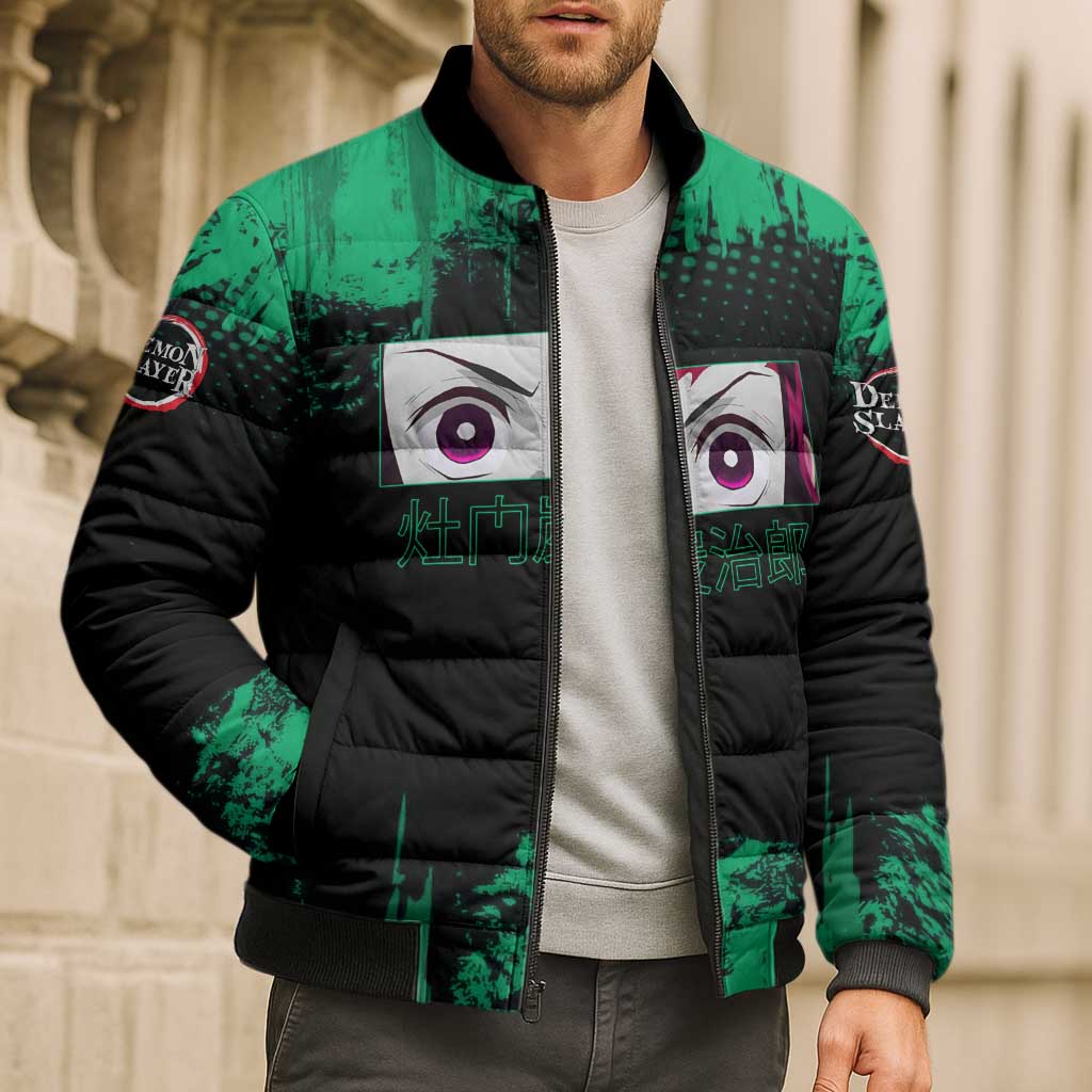 Tanjiro Kamado Demon Slayer Green Grunge Design Bomber Puffer Jacket with Determined Eyes and Classic Checkered Haori - The Mazicc
