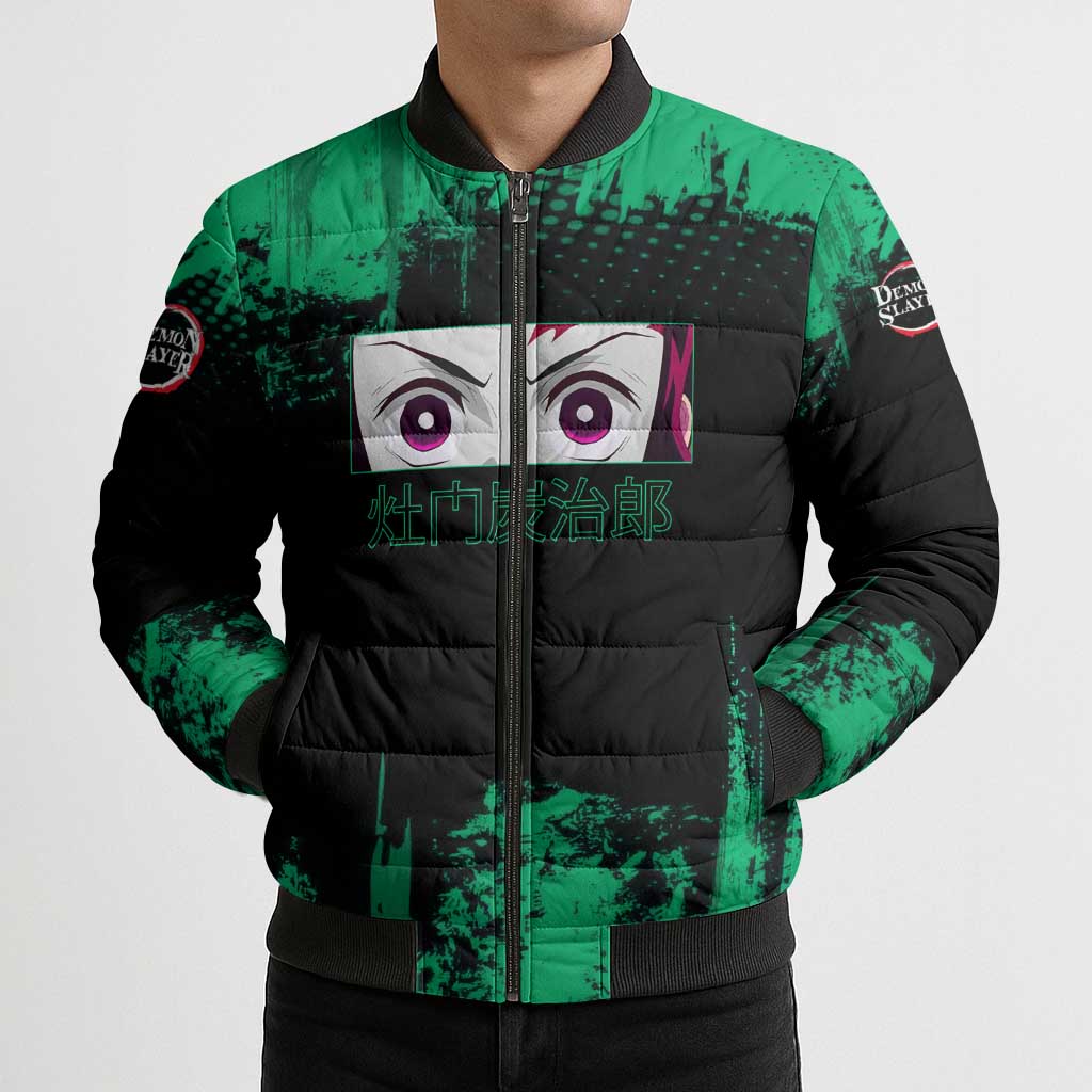 Tanjiro Kamado Demon Slayer Green Grunge Design Bomber Puffer Jacket with Determined Eyes and Classic Checkered Haori - The Mazicc