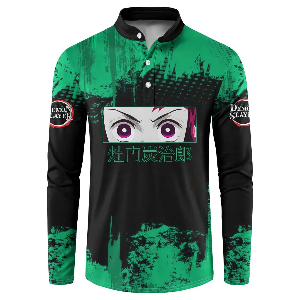 Tanjiro Kamado Demon Slayer Green Grunge Design Button Sweatshirt with Determined Eyes and Classic Checkered Haori - The Mazicc