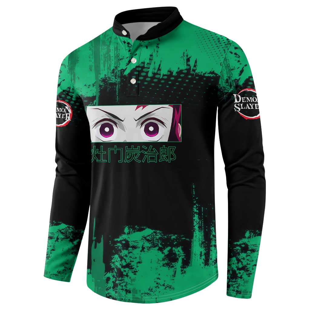 Tanjiro Kamado Demon Slayer Green Grunge Design Button Sweatshirt with Determined Eyes and Classic Checkered Haori - The Mazicc