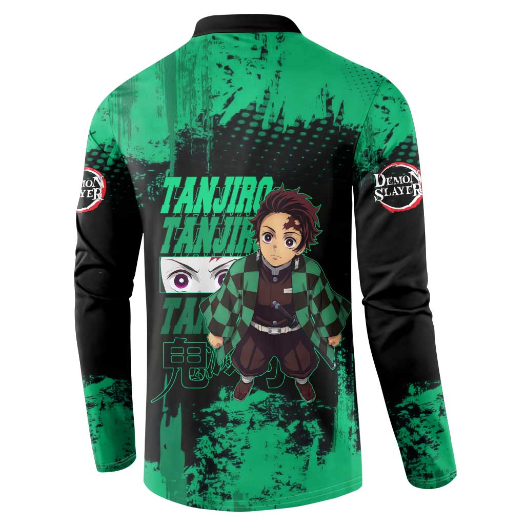Tanjiro Kamado Demon Slayer Green Grunge Design Button Sweatshirt with Determined Eyes and Classic Checkered Haori - The Mazicc
