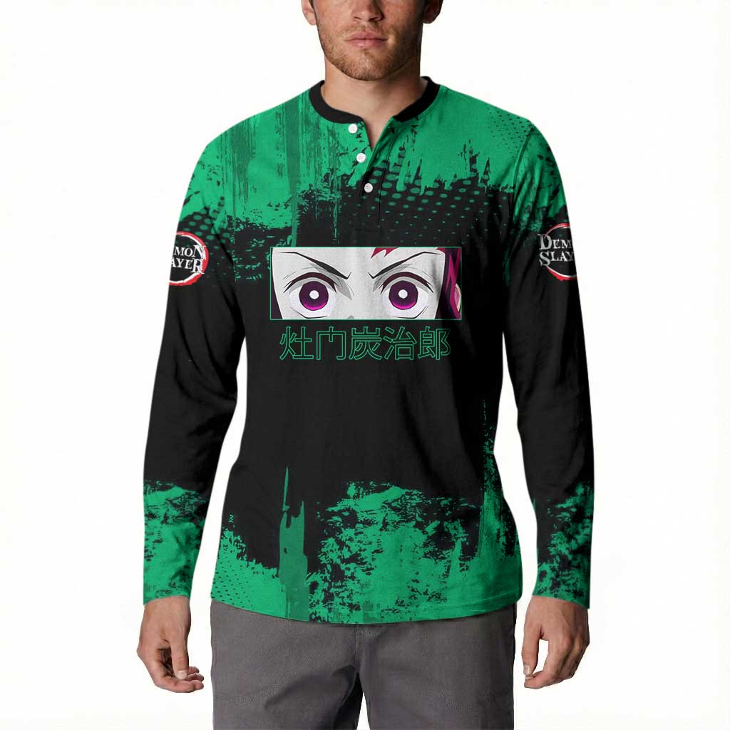 Tanjiro Kamado Demon Slayer Green Grunge Design Button Sweatshirt with Determined Eyes and Classic Checkered Haori - The Mazicc