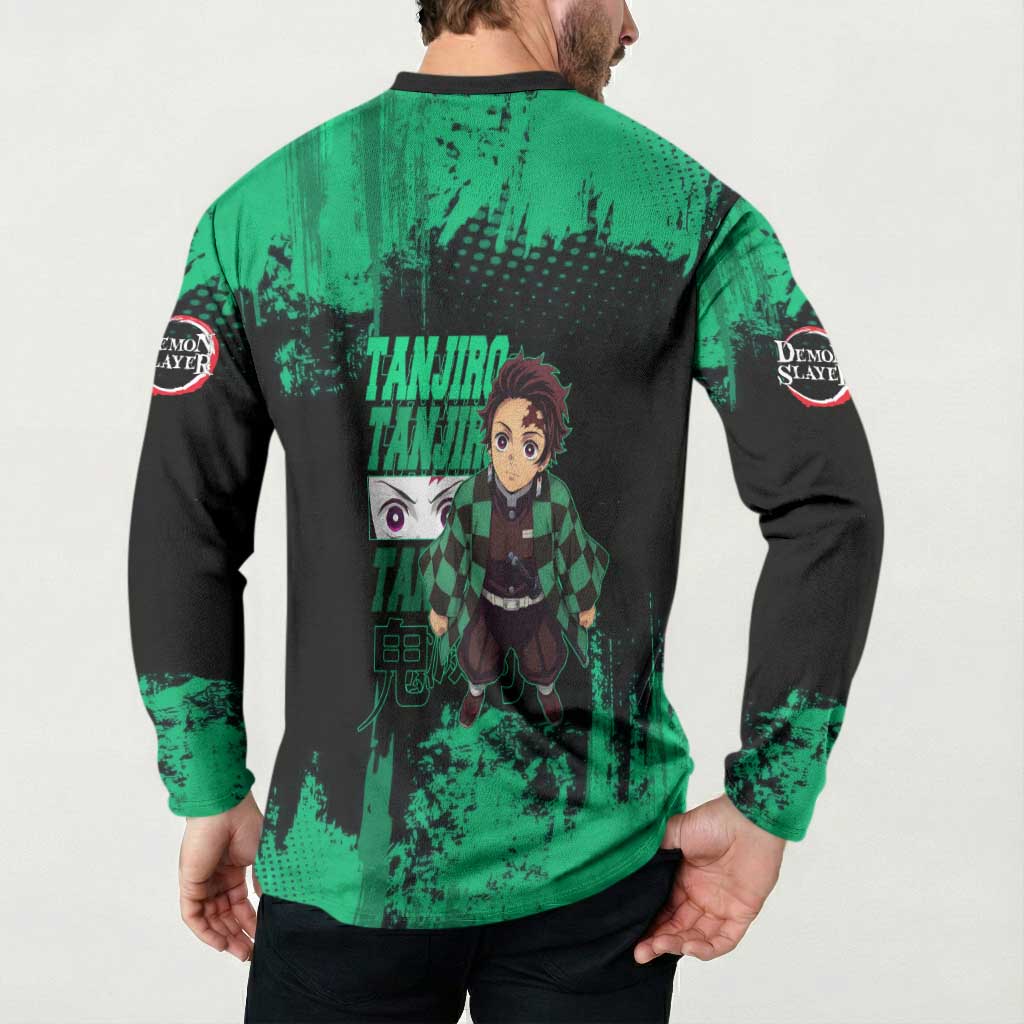 Tanjiro Kamado Demon Slayer Green Grunge Design Button Sweatshirt with Determined Eyes and Classic Checkered Haori - The Mazicc