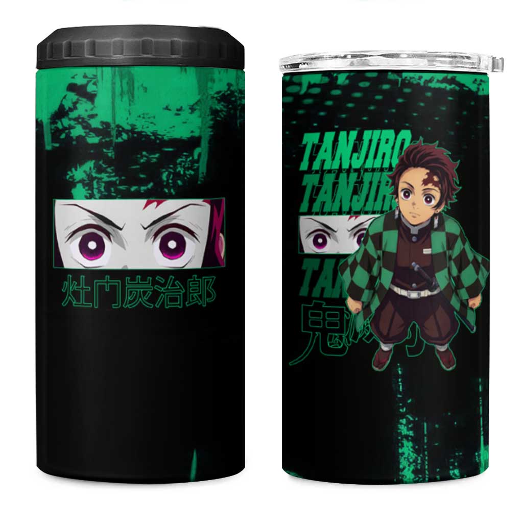 Tanjiro Kamado Demon Slayer Green Grunge Design 4 in 1 Can Cooler Tumbler with Determined Eyes and Classic Checkered Haori - The Mazicc