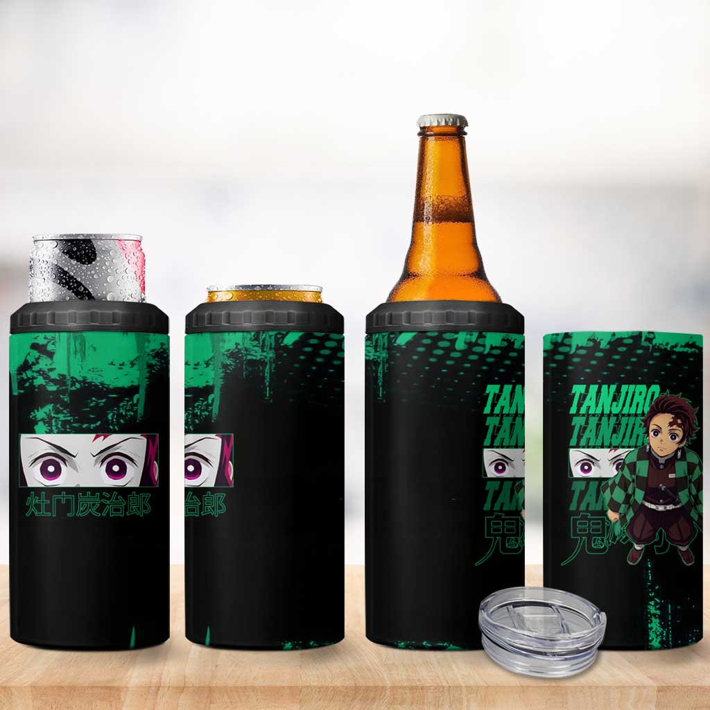 Tanjiro Kamado Demon Slayer Green Grunge Design 4 in 1 Can Cooler Tumbler with Determined Eyes and Classic Checkered Haori - The Mazicc