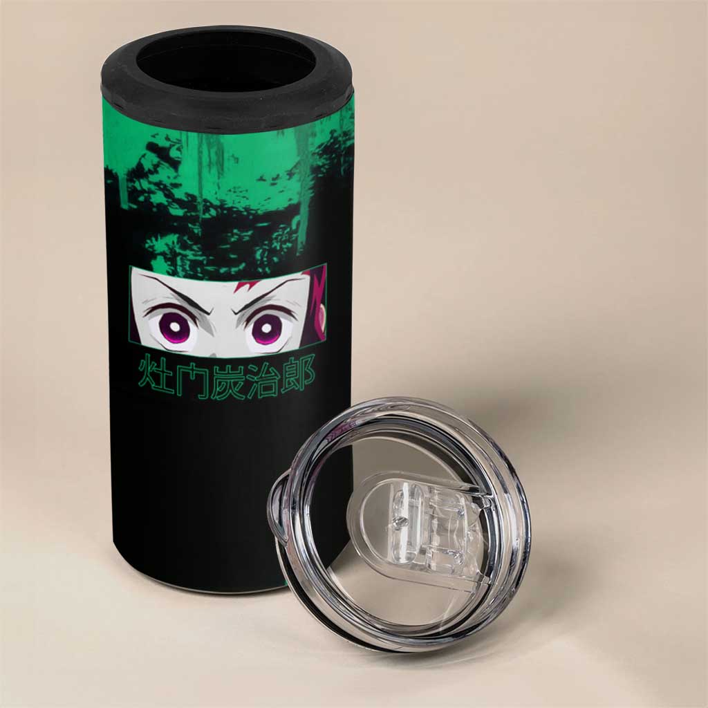 Tanjiro Kamado Demon Slayer Green Grunge Design 4 in 1 Can Cooler Tumbler with Determined Eyes and Classic Checkered Haori - The Mazicc