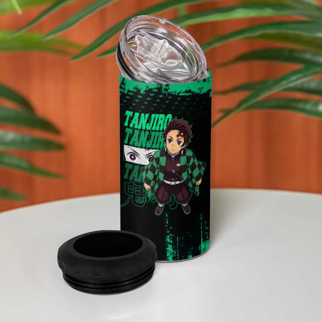 Tanjiro Kamado Demon Slayer Green Grunge Design 4 in 1 Can Cooler Tumbler with Determined Eyes and Classic Checkered Haori - The Mazicc