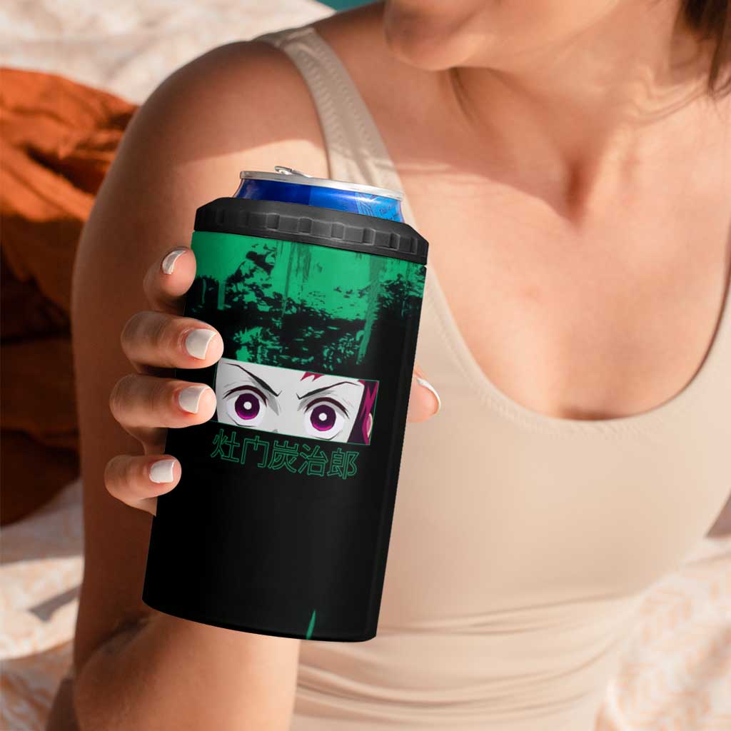 Tanjiro Kamado Demon Slayer Green Grunge Design 4 in 1 Can Cooler Tumbler with Determined Eyes and Classic Checkered Haori - The Mazicc