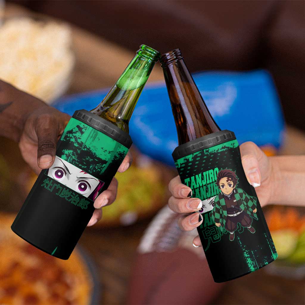 Tanjiro Kamado Demon Slayer Green Grunge Design 4 in 1 Can Cooler Tumbler with Determined Eyes and Classic Checkered Haori - The Mazicc