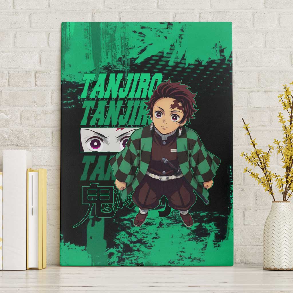 Tanjiro Kamado Demon Slayer Green Grunge Design Canvas Wall Art with Determined Eyes and Classic Checkered Haori - The Mazicc