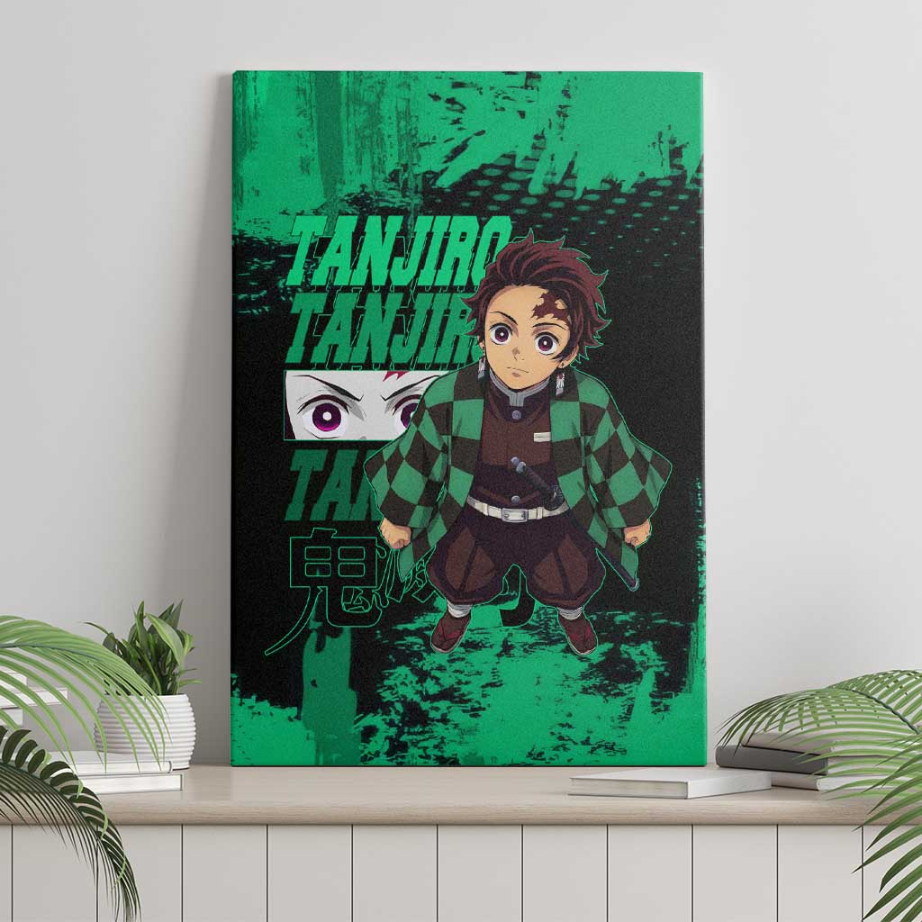 Tanjiro Kamado Demon Slayer Green Grunge Design Canvas Wall Art with Determined Eyes and Classic Checkered Haori - The Mazicc