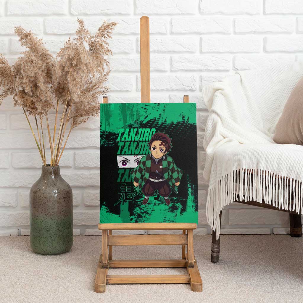 Tanjiro Kamado Demon Slayer Green Grunge Design Canvas Wall Art with Determined Eyes and Classic Checkered Haori - The Mazicc