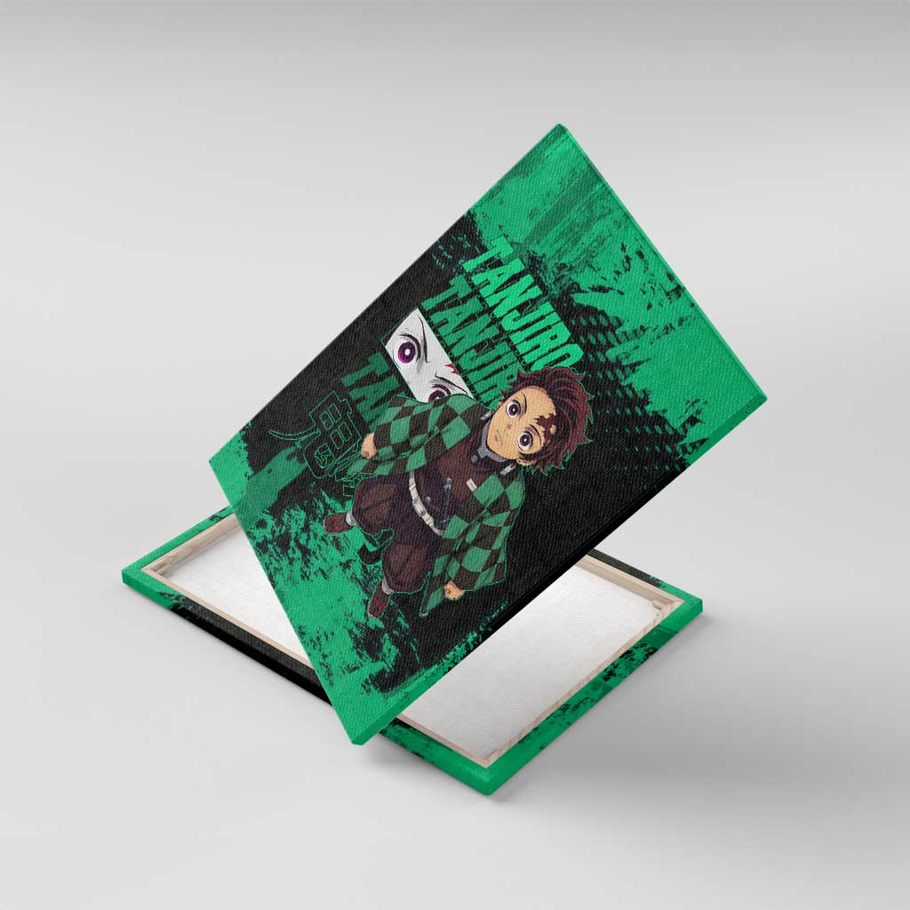 Tanjiro Kamado Demon Slayer Green Grunge Design Canvas Wall Art with Determined Eyes and Classic Checkered Haori - The Mazicc