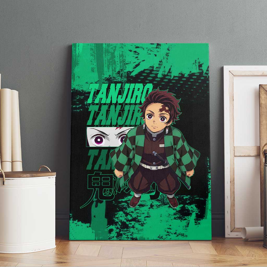 Tanjiro Kamado Demon Slayer Green Grunge Design Canvas Wall Art with Determined Eyes and Classic Checkered Haori - The Mazicc