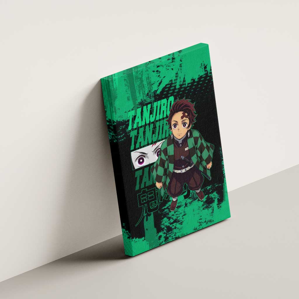 Tanjiro Kamado Demon Slayer Green Grunge Design Canvas Wall Art with Determined Eyes and Classic Checkered Haori - The Mazicc