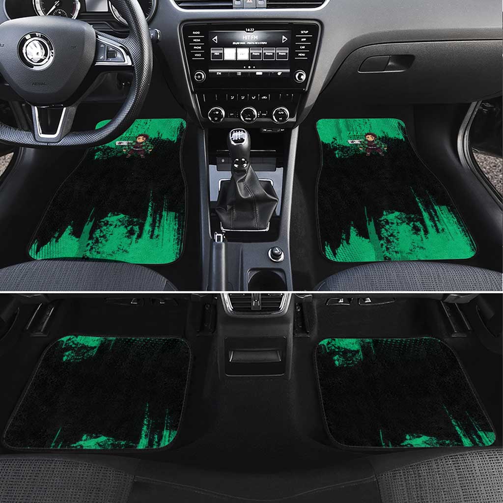 Tanjiro Kamado Demon Slayer Green Grunge Design Car Mats with Determined Eyes and Classic Checkered Haori - The Mazicc