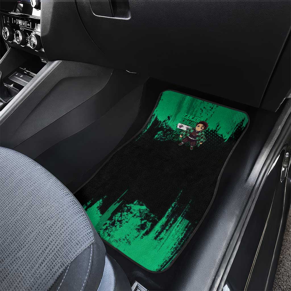 Tanjiro Kamado Demon Slayer Green Grunge Design Car Mats with Determined Eyes and Classic Checkered Haori - The Mazicc