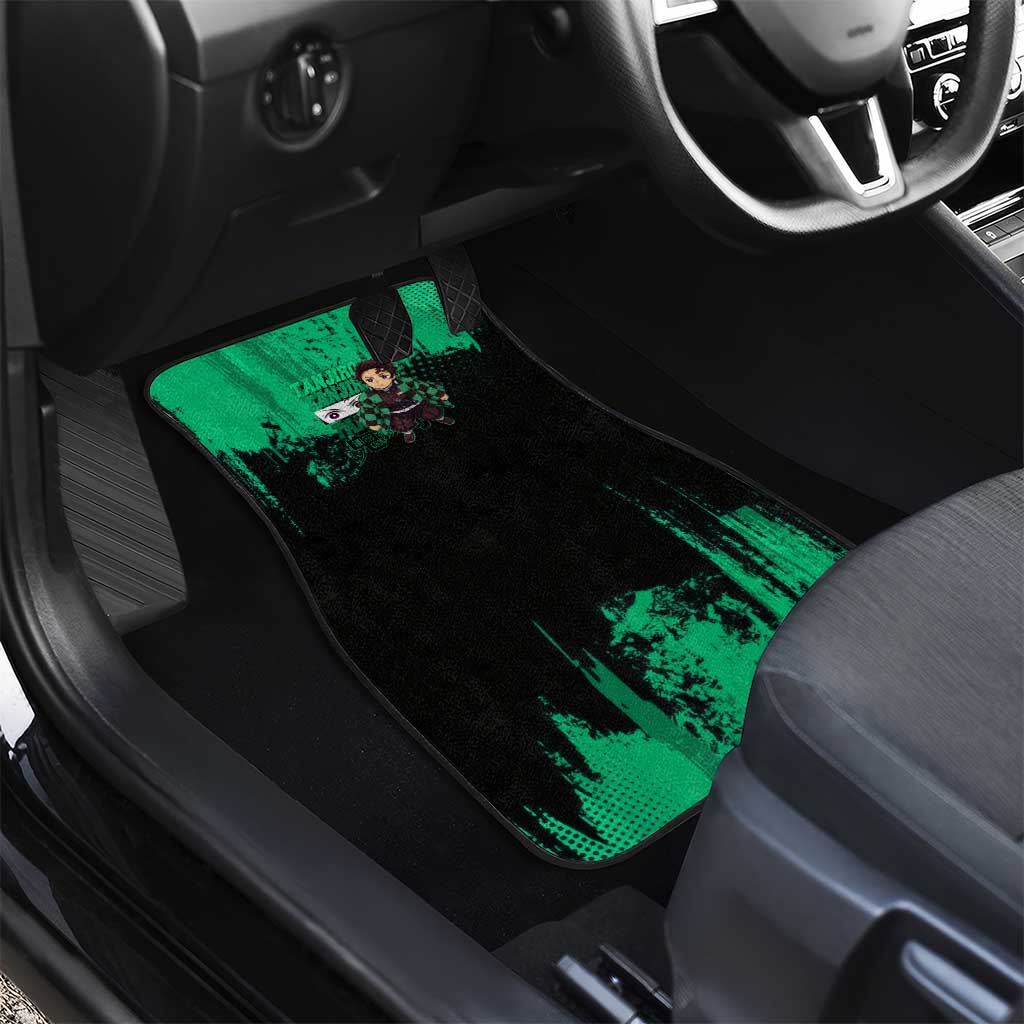 Tanjiro Kamado Demon Slayer Green Grunge Design Car Mats with Determined Eyes and Classic Checkered Haori - The Mazicc