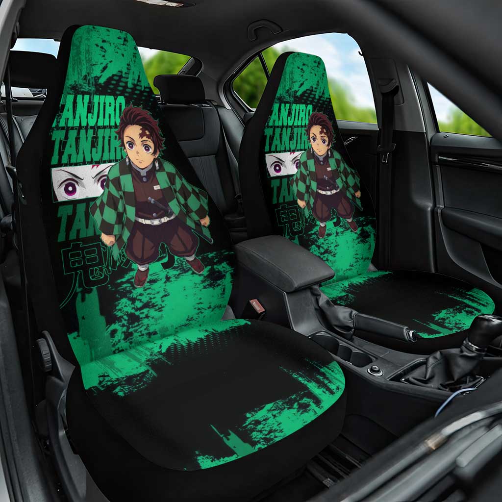 Tanjiro Kamado Demon Slayer Green Grunge Design Car Seat Cover with Determined Eyes and Classic Checkered Haori - The Mazicc