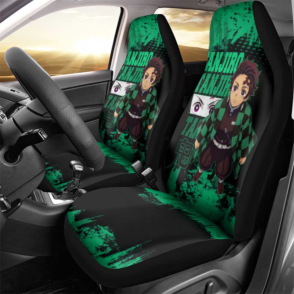 Tanjiro Kamado Demon Slayer Green Grunge Design Car Seat Cover with Determined Eyes and Classic Checkered Haori - The Mazicc