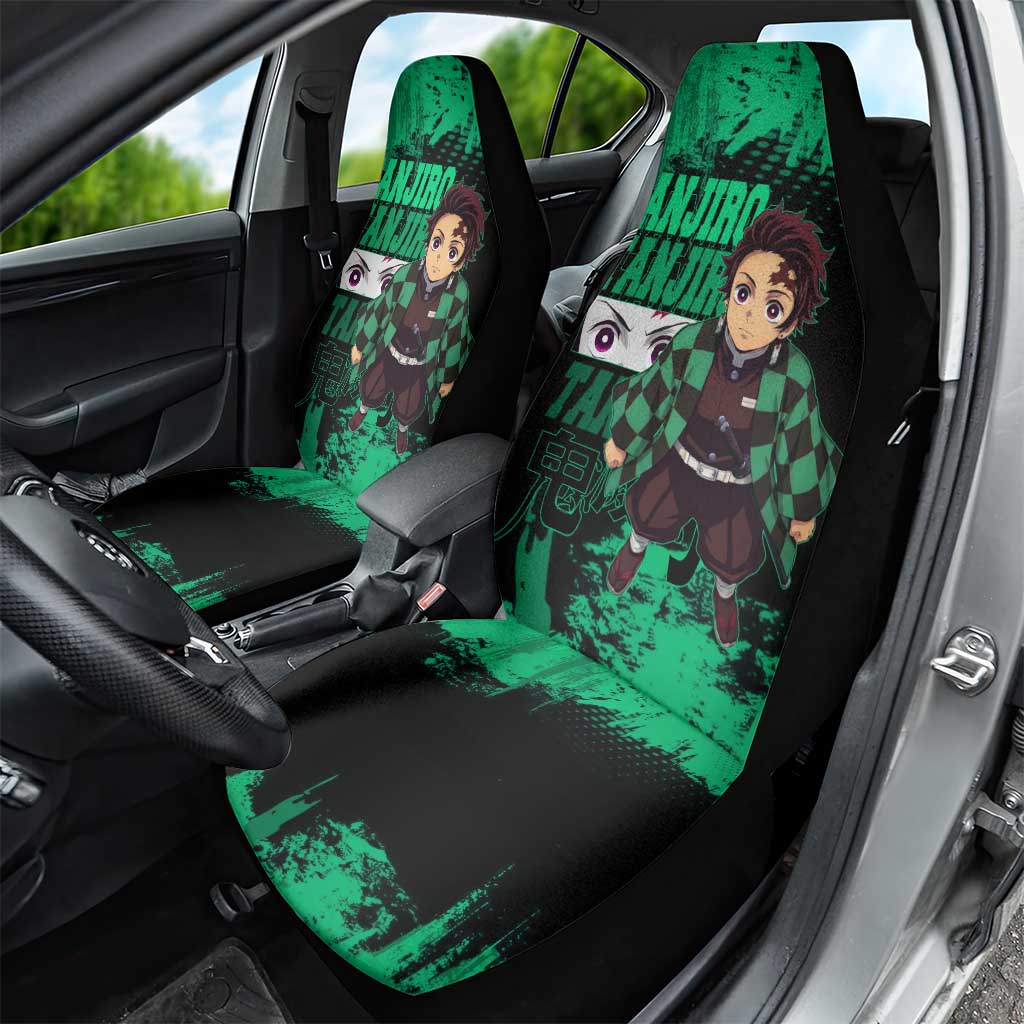Tanjiro Kamado Demon Slayer Green Grunge Design Car Seat Cover with Determined Eyes and Classic Checkered Haori - The Mazicc