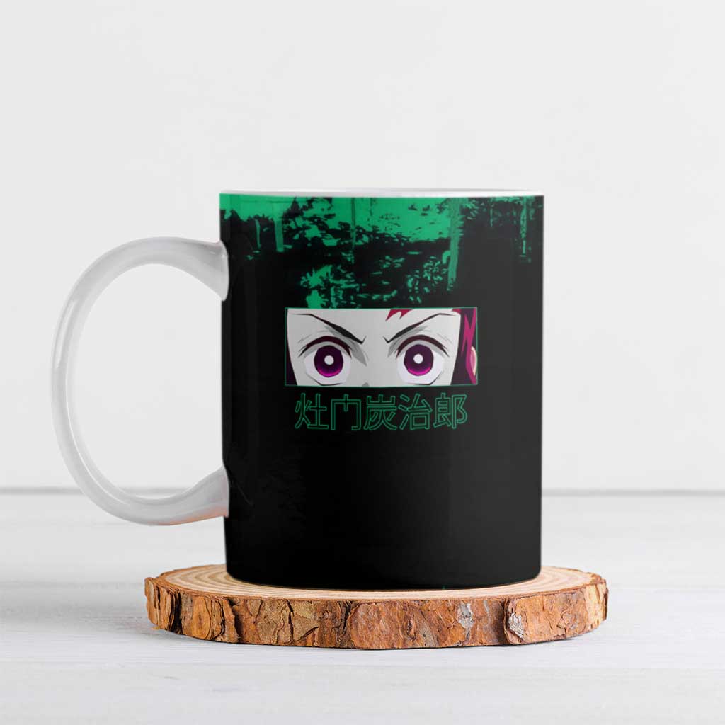 Tanjiro Kamado Demon Slayer Green Grunge Design Ceramic Mug with Determined Eyes and Classic Checkered Haori - The Mazicc
