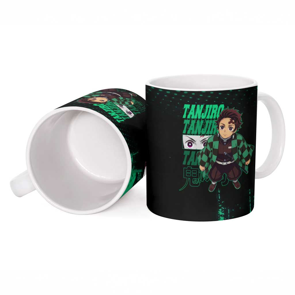 Tanjiro Kamado Demon Slayer Green Grunge Design Ceramic Mug with Determined Eyes and Classic Checkered Haori - The Mazicc