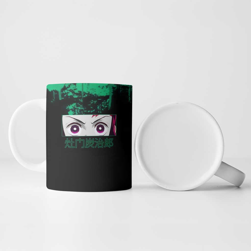 Tanjiro Kamado Demon Slayer Green Grunge Design Ceramic Mug with Determined Eyes and Classic Checkered Haori - The Mazicc