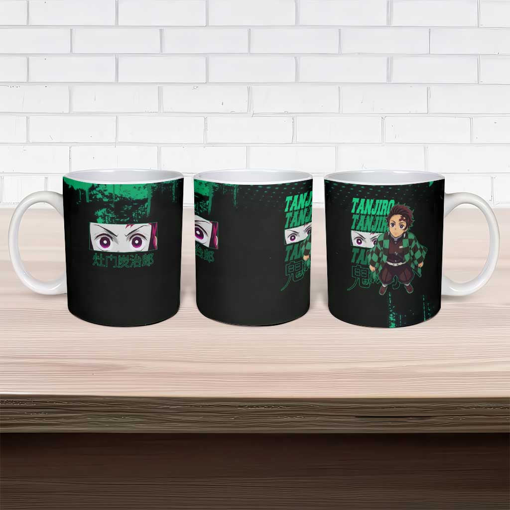 Tanjiro Kamado Demon Slayer Green Grunge Design Ceramic Mug with Determined Eyes and Classic Checkered Haori - The Mazicc