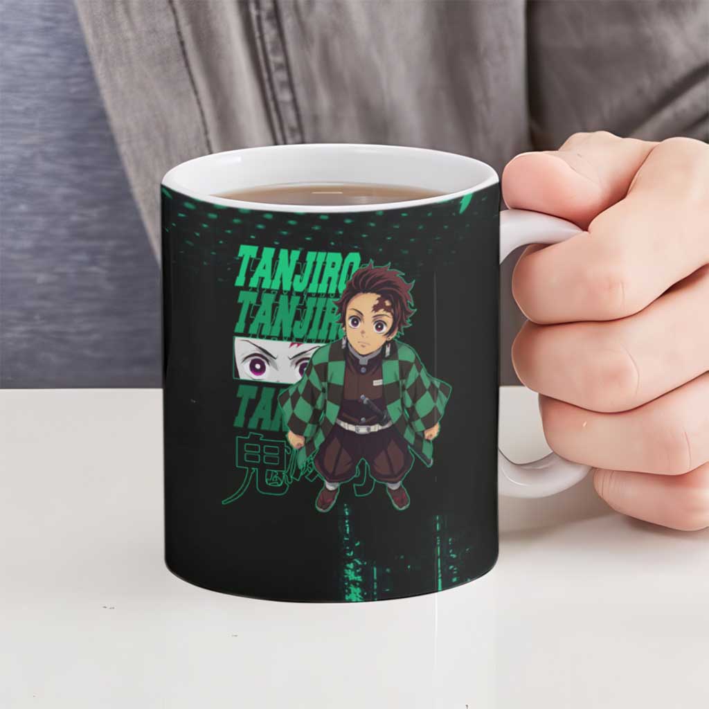 Tanjiro Kamado Demon Slayer Green Grunge Design Ceramic Mug with Determined Eyes and Classic Checkered Haori - The Mazicc