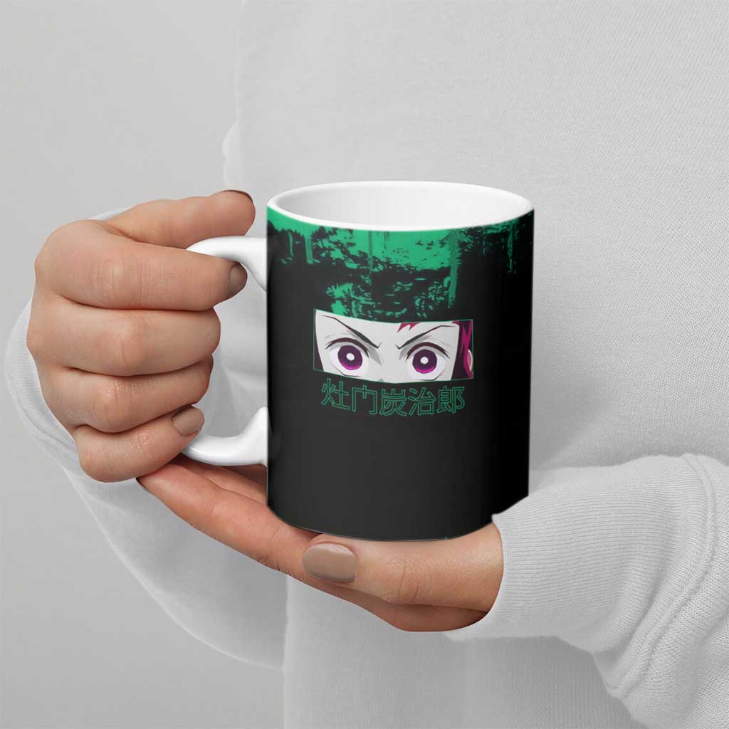 Tanjiro Kamado Demon Slayer Green Grunge Design Ceramic Mug with Determined Eyes and Classic Checkered Haori - The Mazicc