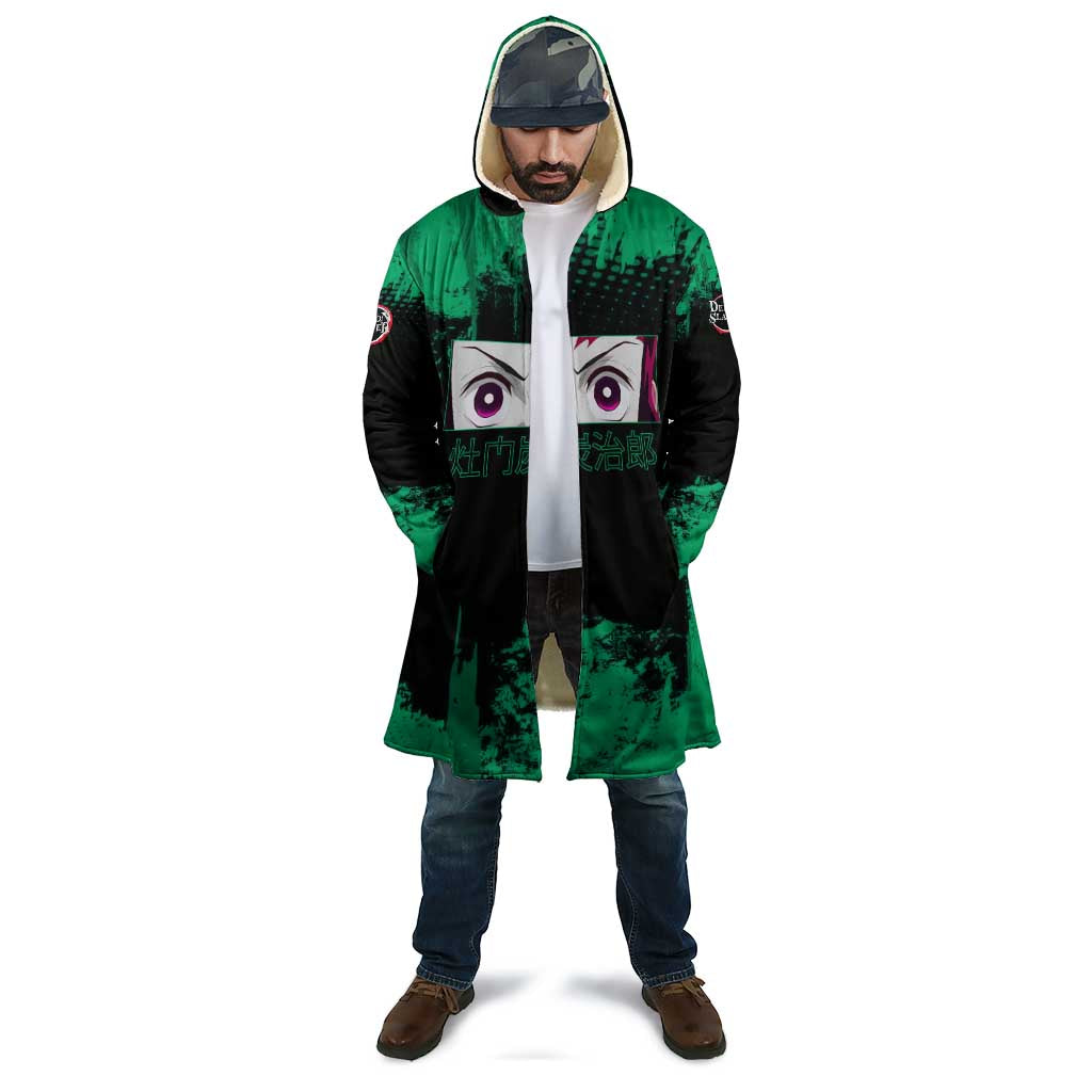 Tanjiro Kamado Demon Slayer Green Grunge Design Cloak with Determined Eyes and Classic Checkered Haori - The Mazicc