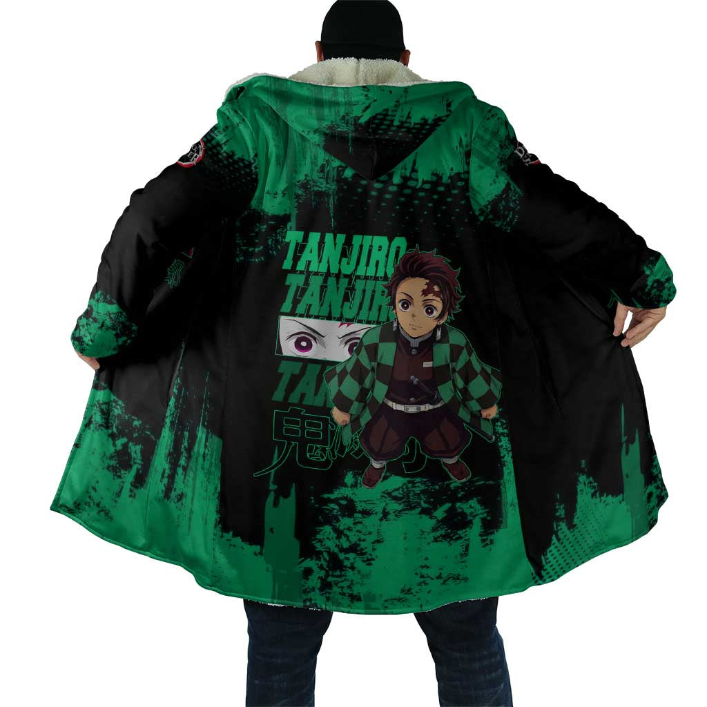 Tanjiro Kamado Demon Slayer Green Grunge Design Cloak with Determined Eyes and Classic Checkered Haori - The Mazicc
