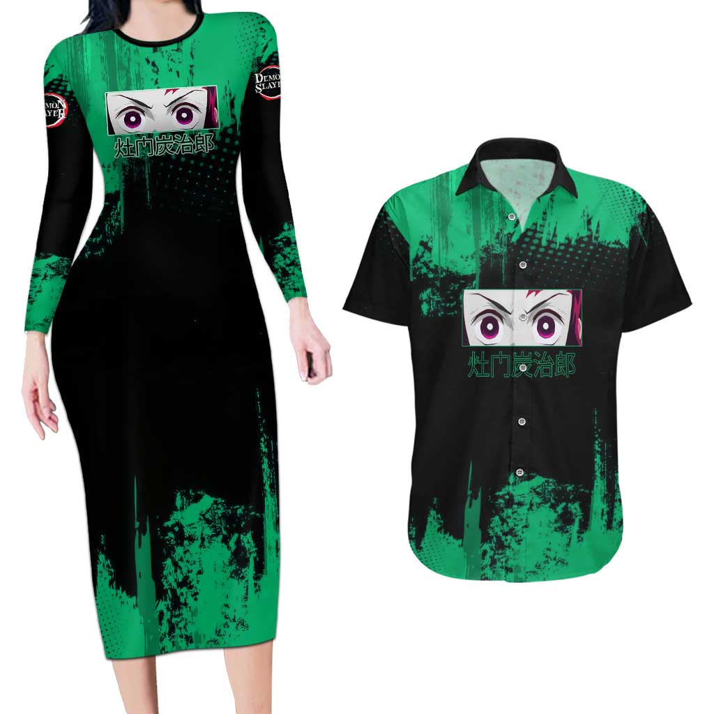 Tanjiro Kamado Demon Slayer Green Grunge Design Couples Matching Long Sleeve Bodycon Dress and Hawaiian Shirt with Determined Eyes and Classic Checkered Haori - The Mazicc