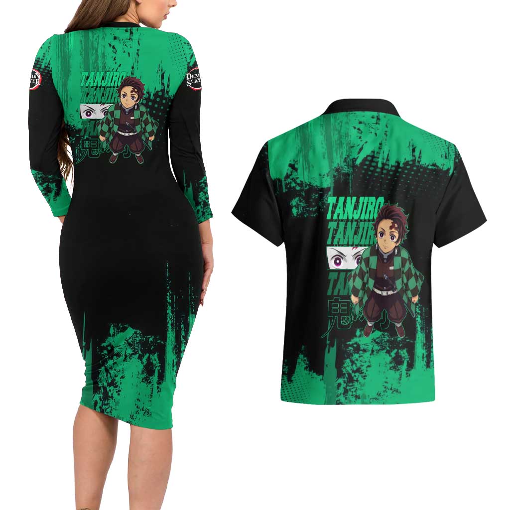 Tanjiro Kamado Demon Slayer Green Grunge Design Couples Matching Long Sleeve Bodycon Dress and Hawaiian Shirt with Determined Eyes and Classic Checkered Haori - The Mazicc