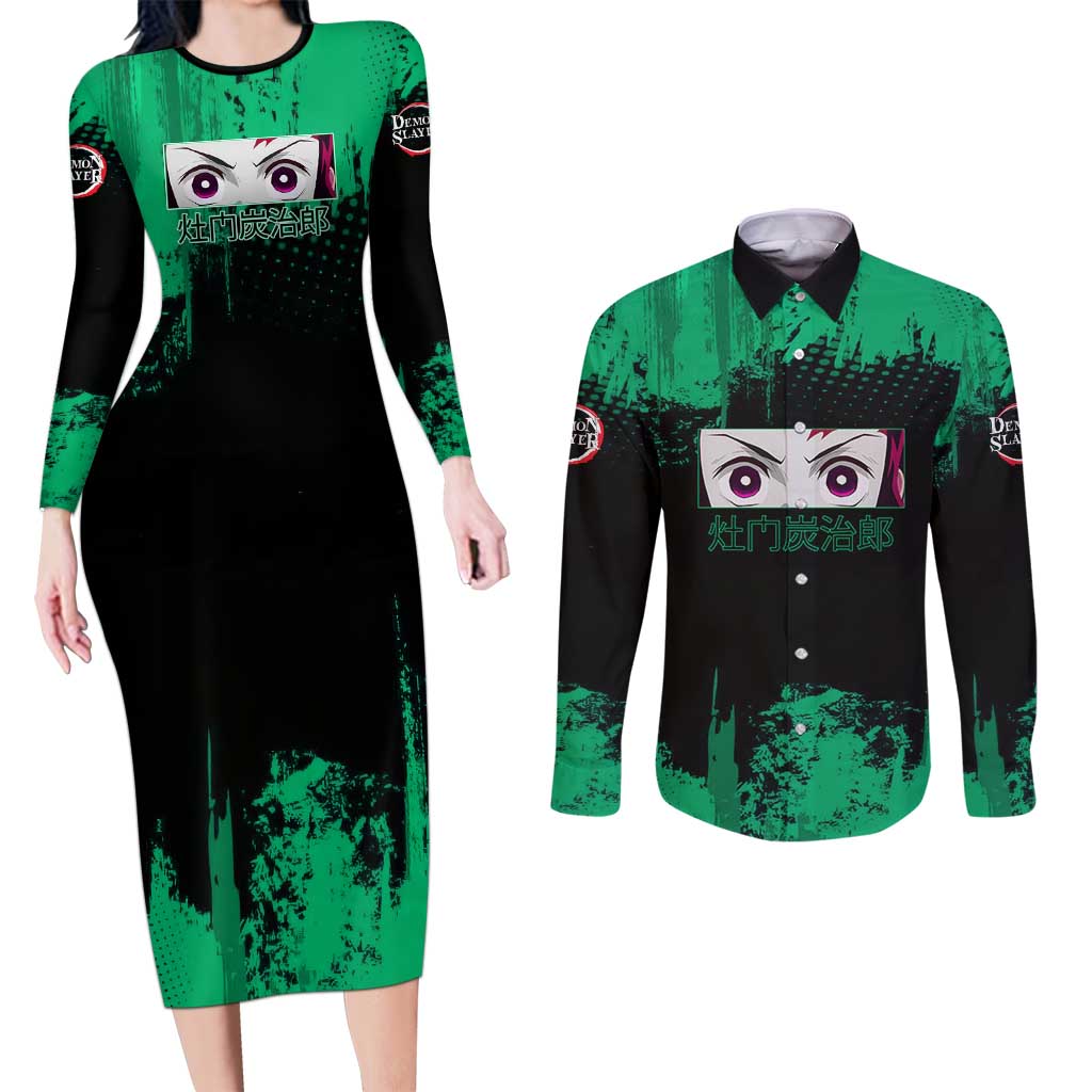 Tanjiro Kamado Demon Slayer Green Grunge Design Couples Matching Long Sleeve Bodycon Dress and Long Sleeve Button Shirt with Determined Eyes and Classic Checkered Haori - The Mazicc