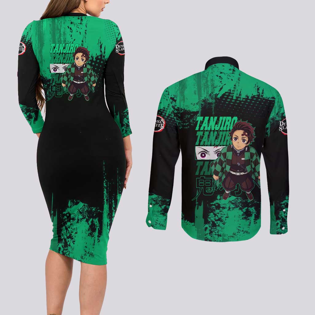Tanjiro Kamado Demon Slayer Green Grunge Design Couples Matching Long Sleeve Bodycon Dress and Long Sleeve Button Shirt with Determined Eyes and Classic Checkered Haori - The Mazicc