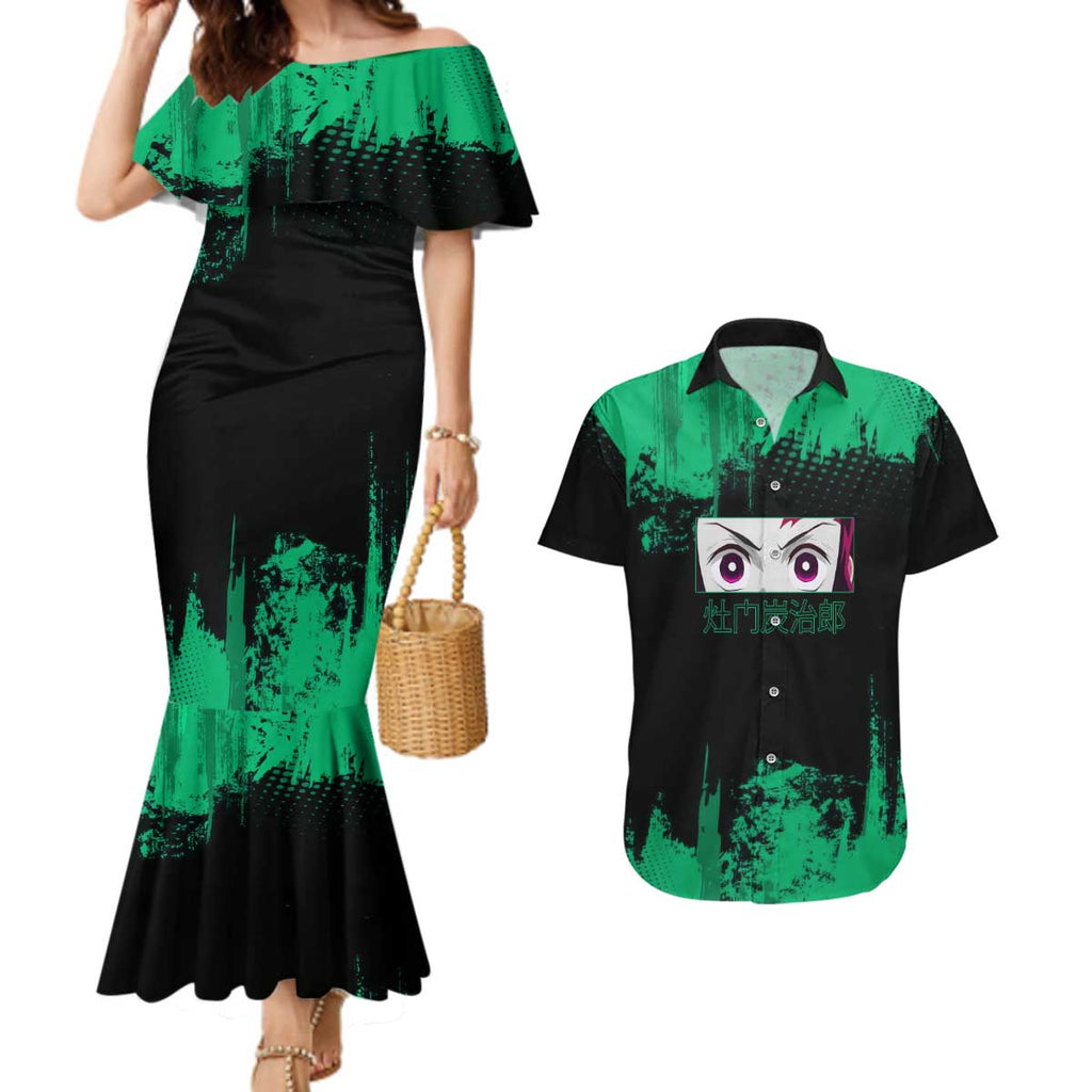 Tanjiro Kamado Demon Slayer Green Grunge Design Couples Matching Mermaid Dress and Hawaiian Shirt with Determined Eyes and Classic Checkered Haori - The Mazicc