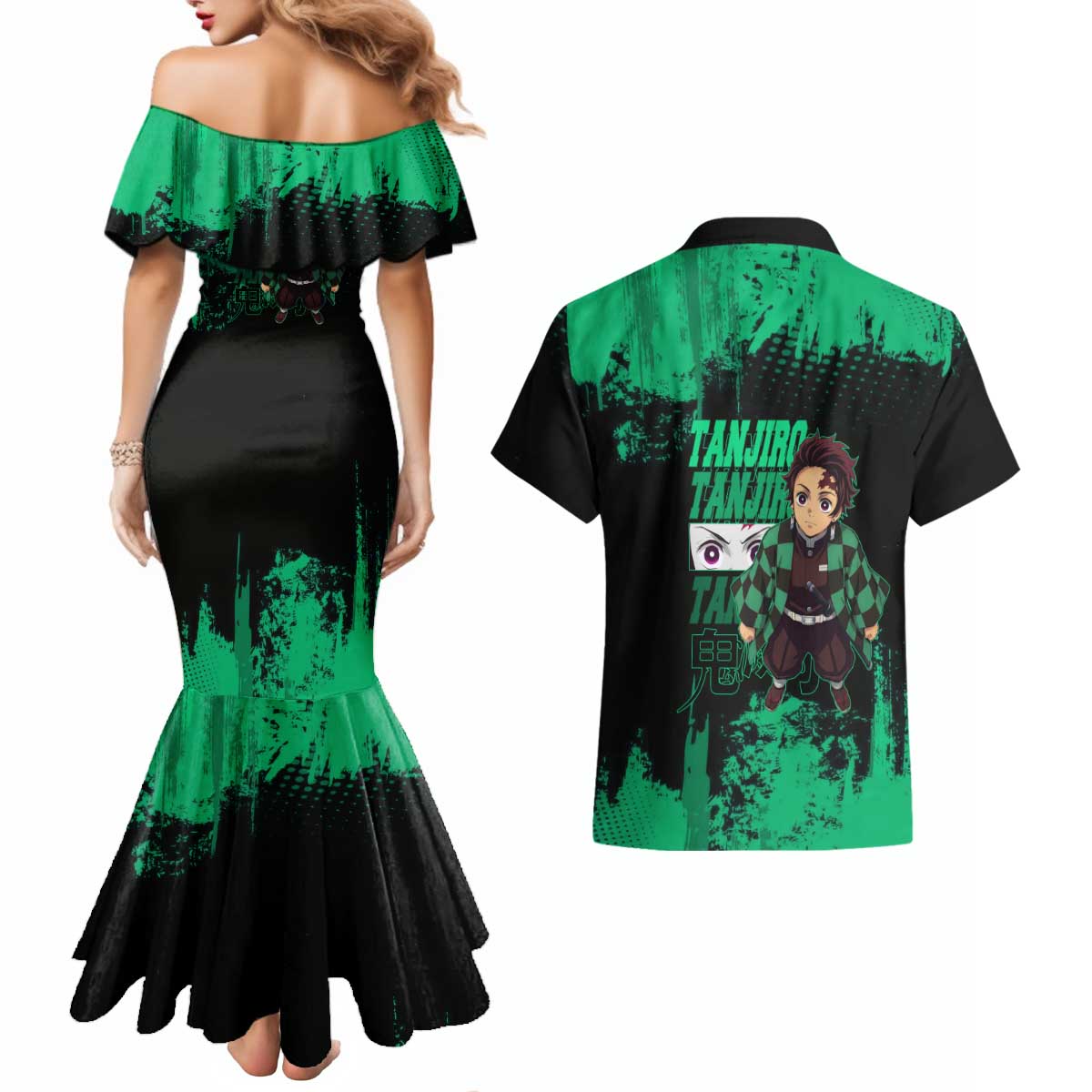 Tanjiro Kamado Demon Slayer Green Grunge Design Couples Matching Mermaid Dress and Hawaiian Shirt with Determined Eyes and Classic Checkered Haori - The Mazicc