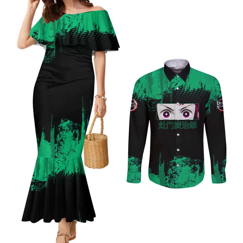 Tanjiro Kamado Demon Slayer Green Grunge Design Couples Matching Mermaid Dress and Long Sleeve Button Shirt with Determined Eyes and Classic Checkered Haori - The Mazicc