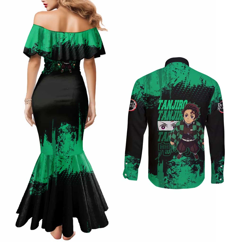 Tanjiro Kamado Demon Slayer Green Grunge Design Couples Matching Mermaid Dress and Long Sleeve Button Shirt with Determined Eyes and Classic Checkered Haori - The Mazicc